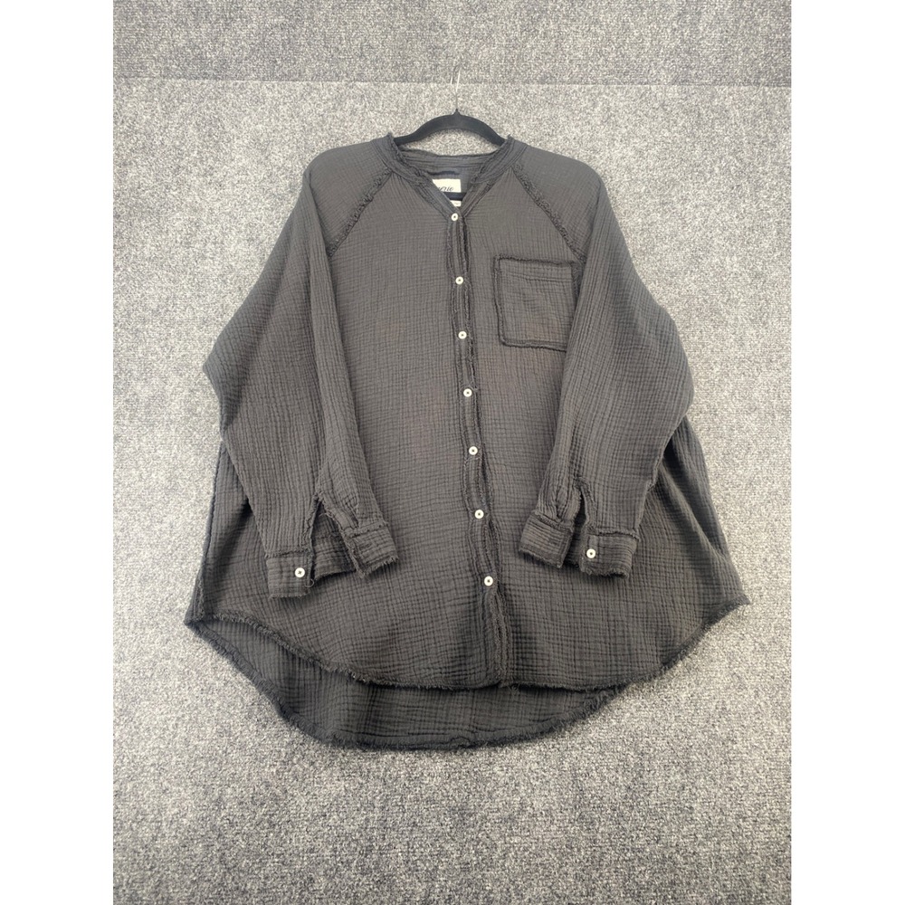 Aerie Gauze Button Down Shirt Womens Medium Gray Oversized Raw Edge Long Sleeve